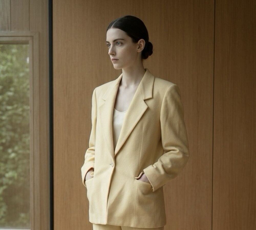 100% Camel Hair Vintage Women's Pale Yellow One Button Blazer Classic Jacket 8